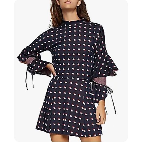 BCBGeneration Blue, Red & White Polka Dot Flutter Sleeves Mock Neck Crop Top - Picture 3 of 16